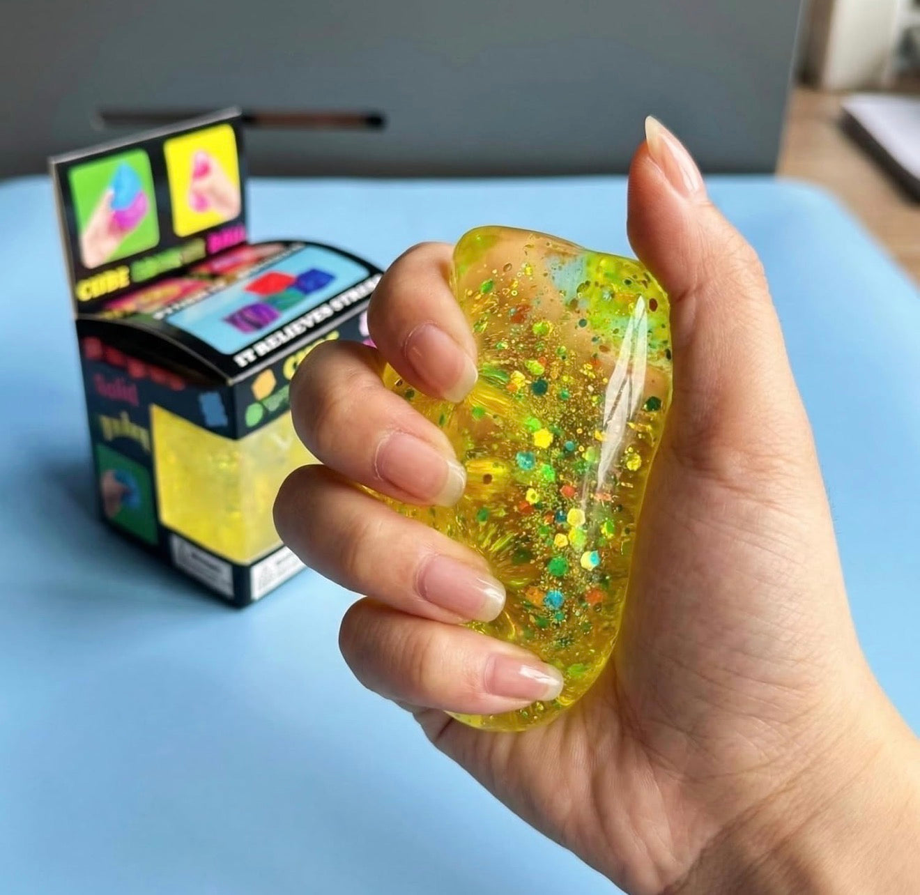 Squishy Cube Ball – Glitter Sensory Stress Relief Fidget Toy
